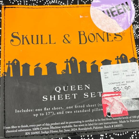 NEW Queen Skull & Bones Sheet Set Halloween Gothic Skeleton Bedding - Picture 4 of 4